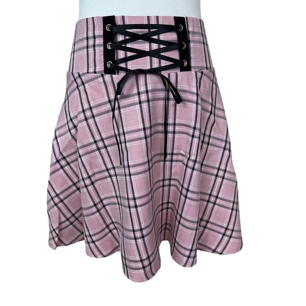 Idealsanxun Women's Plaid Mini Skirt Pink Black Lace Up Corset Waist Size L